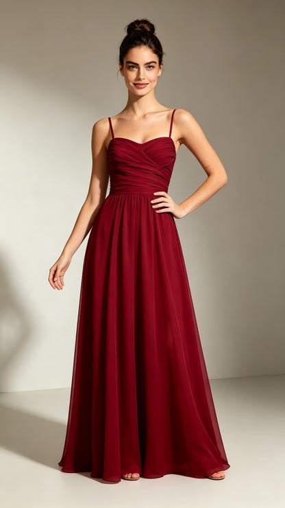 Lovely spaghetti‑strap red chiffon A‑line maxi evening gown, custom formal bridesmaid dress