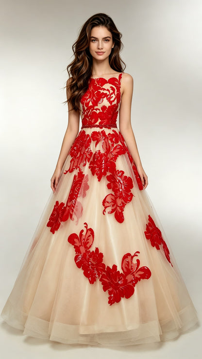 Romantic A-line Red Evening Gowns Straps Tulle Long Formal Dress LFNL0686