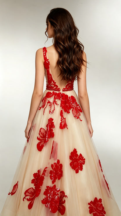 Romantic A-line Red Evening Gowns Straps Tulle Long Formal Dress LFNL0686