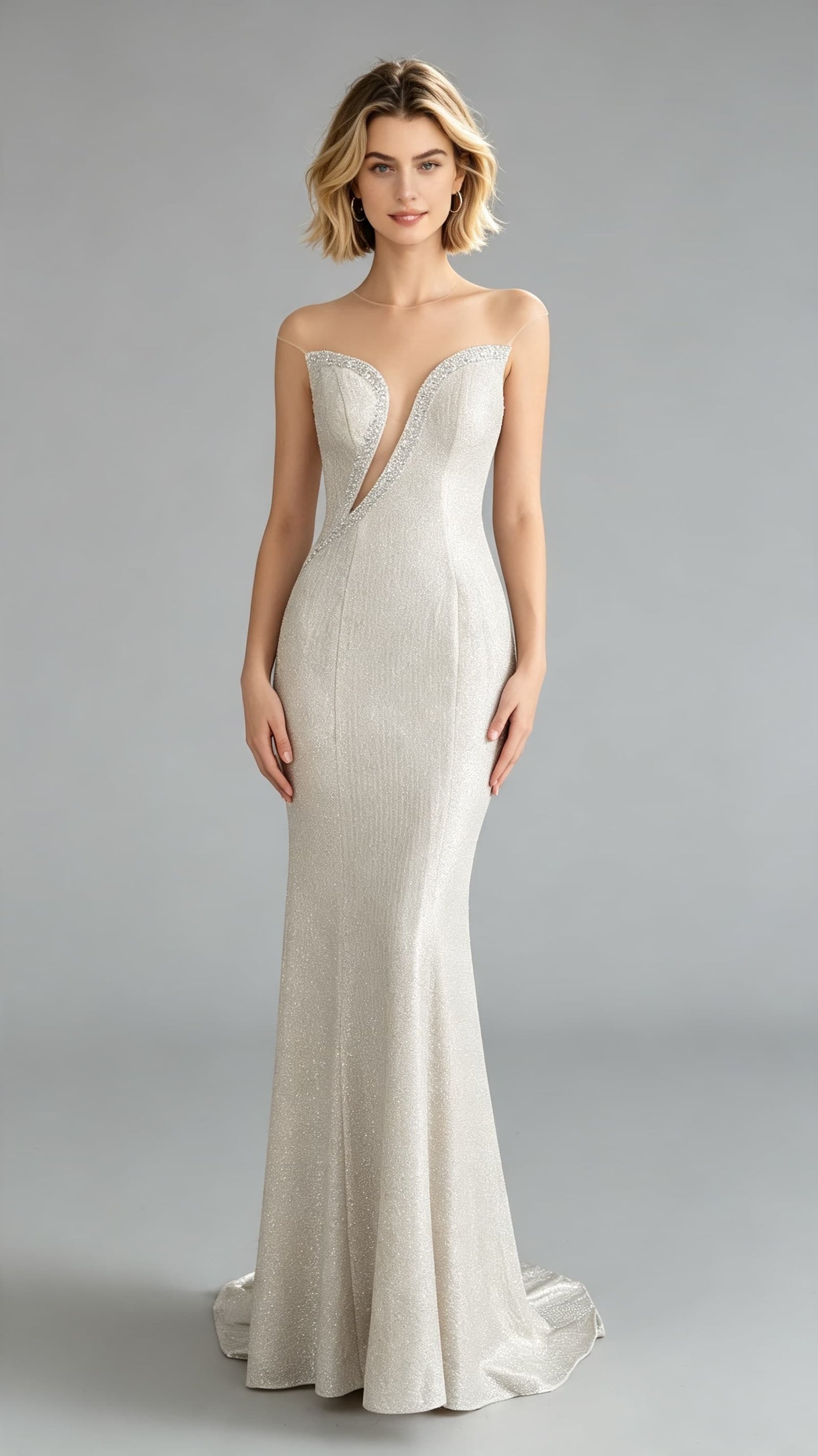Elegant Mermaid White Evening Gowns Round Neck Sequins Maxi Dress LFNL0648