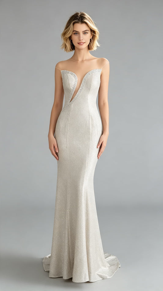 Elegant Mermaid White Evening Gowns Round Neck Sequins Maxi Dress LFNL0648