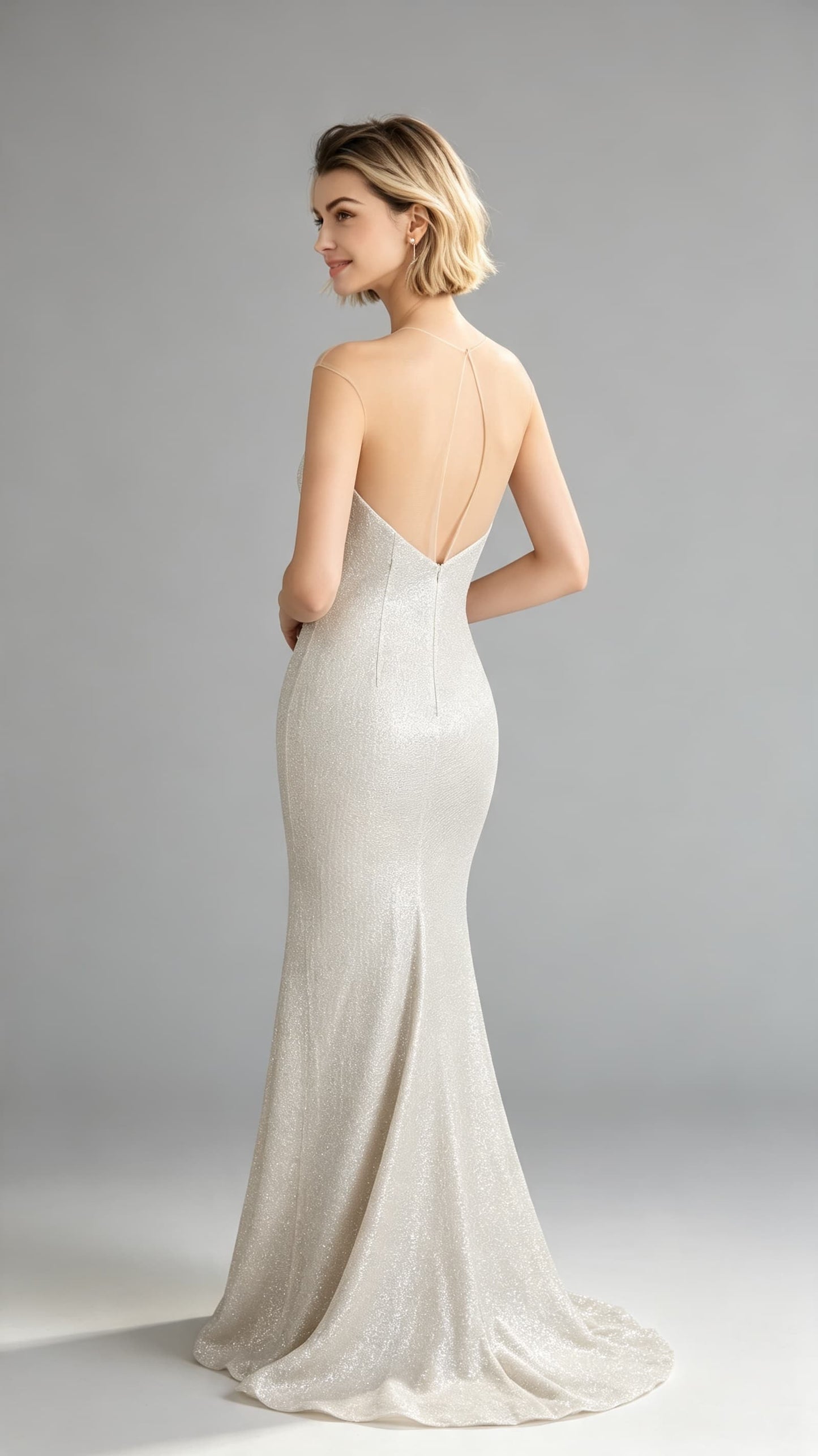 Elegant Mermaid White Evening Gowns Round Neck Sequins Maxi Dress LFNL0648