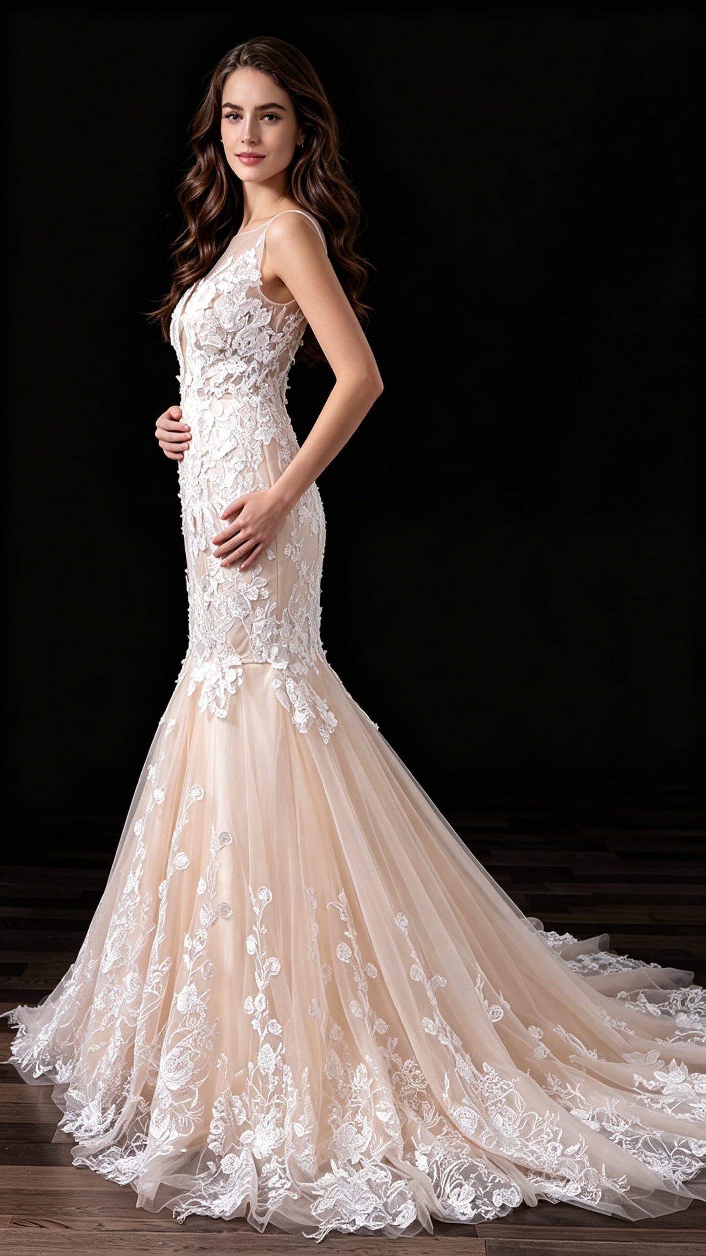 Dreamy Mermaid White Wedding Dress Round neck Organza Long Formal Dress LFNL0684