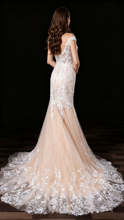Dreamy Mermaid White Wedding Dress Round neck Organza Long Formal Dress LFNL0684