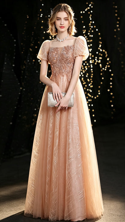 Simple A-line Gold Evening Dress Square Collar Tulle Long Formal Dress LFNC0352