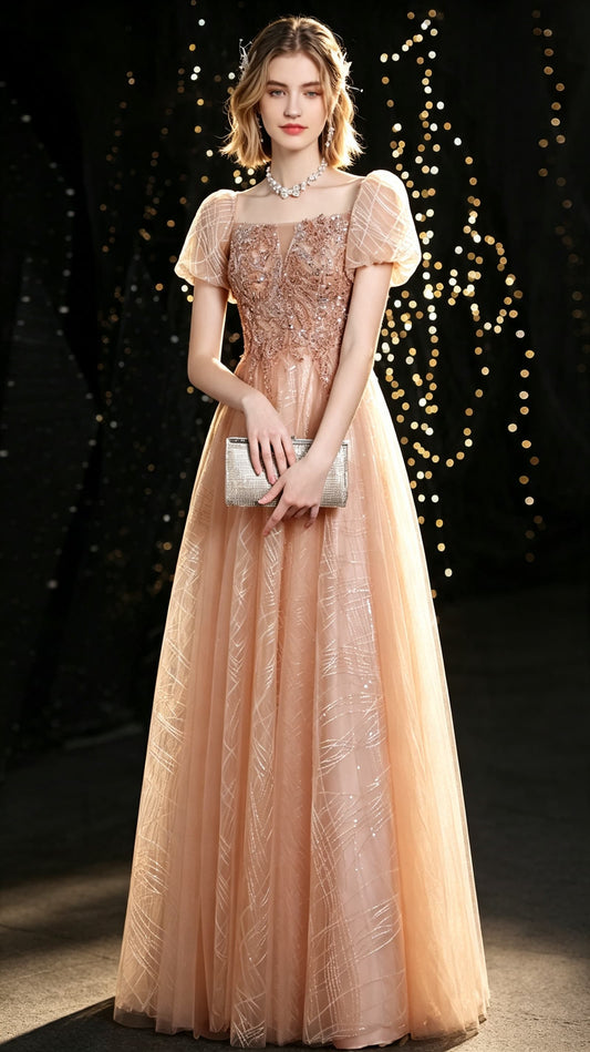 Simple A-line Gold Evening Dress Square Collar Tulle Long Formal Dress LFNC0352
