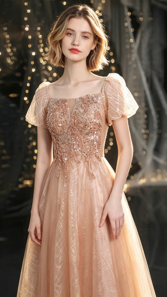 Simple A-line Gold Evening Dress Square Collar Tulle Long Formal Dress LFNC0352