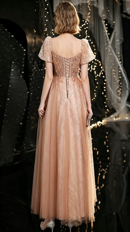 Simple A-line Gold Evening Dress Square Collar Tulle Long Formal Dress LFNC0352