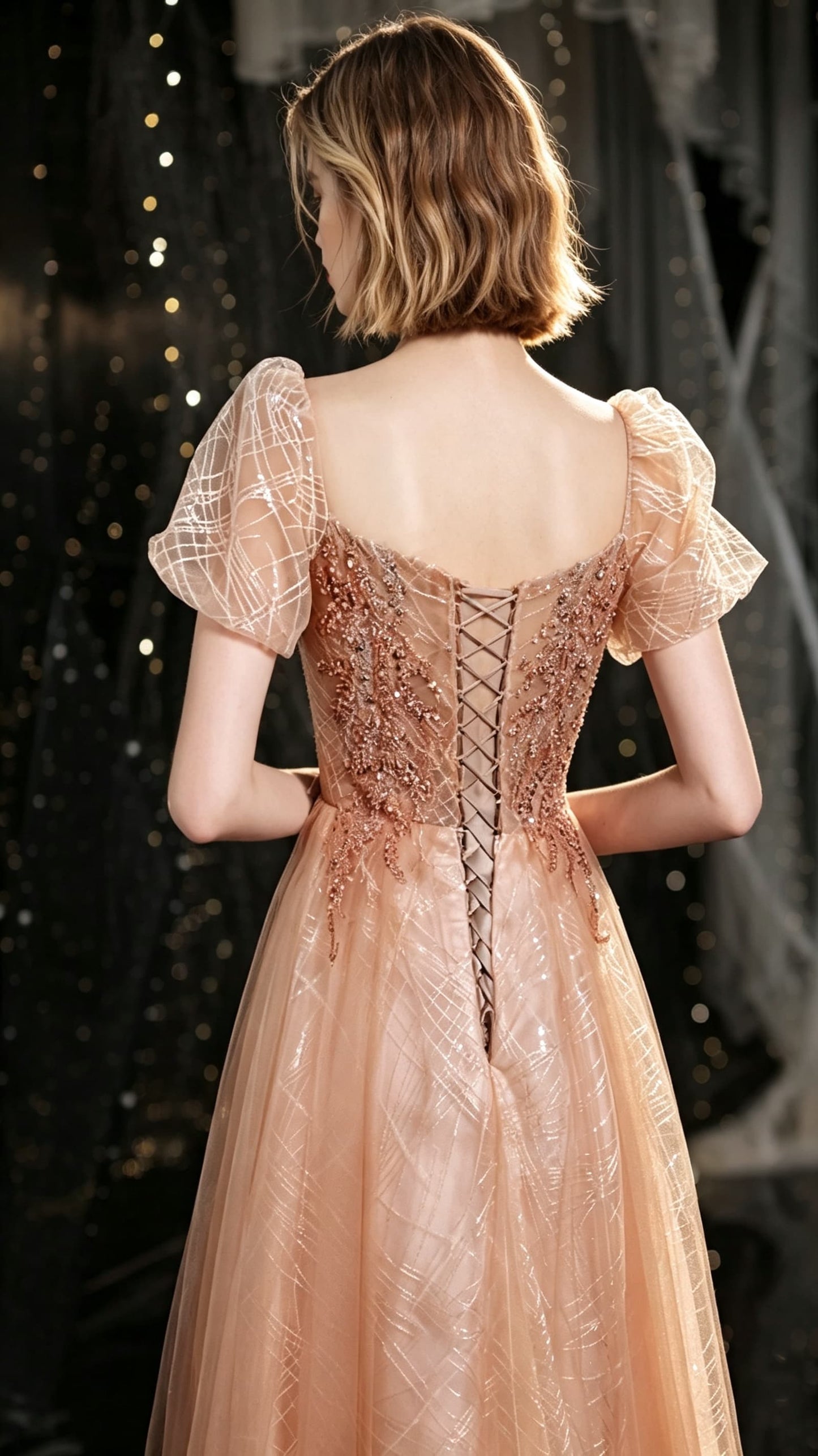 Simple A-line Gold Evening Dress Square Collar Tulle Long Formal Dress LFNC0352