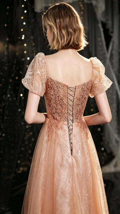 Simple A-line Gold Evening Dress Square Collar Tulle Long Formal Dress LFNC0352