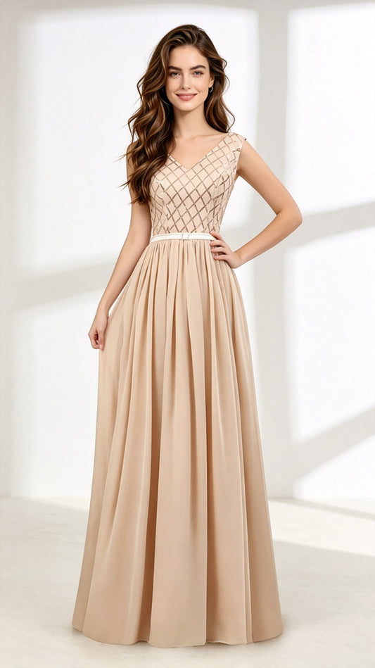 Beautiful tailored A-line Yellow Evening Dress V Neck Chiffon Long Formal Dress LFNL0608