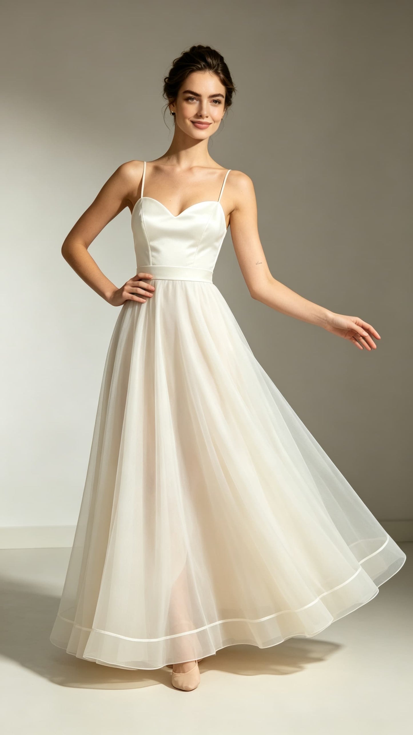 Romantic A-line Ivory Graduation Gown Straps Satin Tulle Maxi Dress LFNL0754