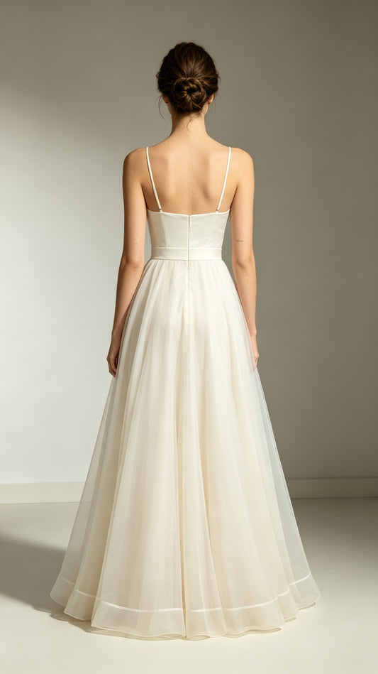 Romantic A-line Ivory Graduation Gown Straps Satin Tulle Maxi Dress LFNL0754