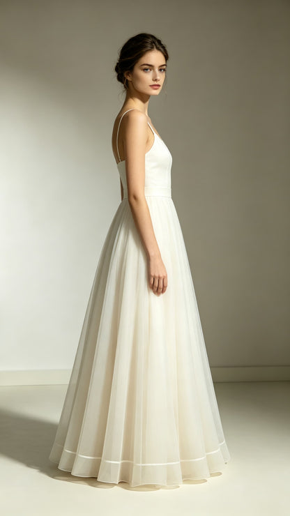 Romantic A-line Ivory Graduation Gown Straps Satin Tulle Maxi Dress LFNL0754