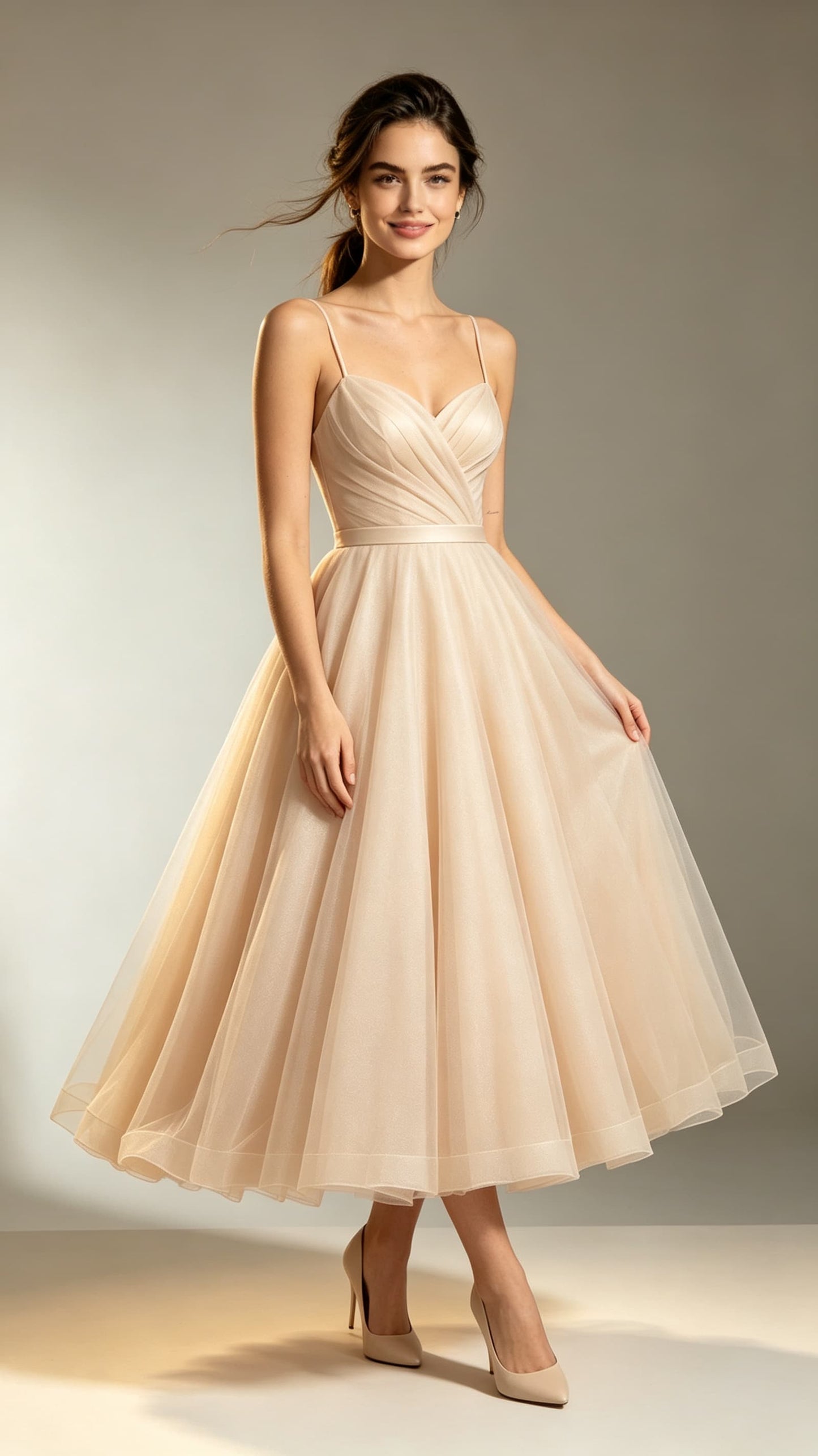Beautiful tailored A-line Champagne Evening Gowns Straps Tulle Tea Length Formal Dress LFNL0716
