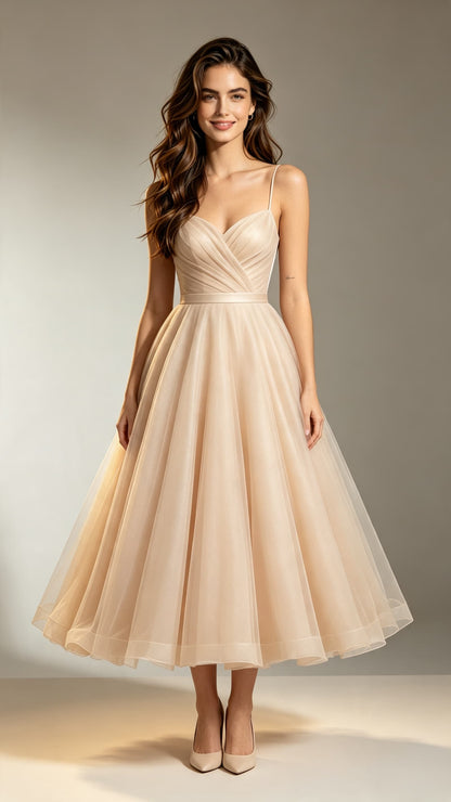 Beautiful tailored A-line Champagne Evening Gowns Straps Tulle Tea Length Formal Dress LFNL0716