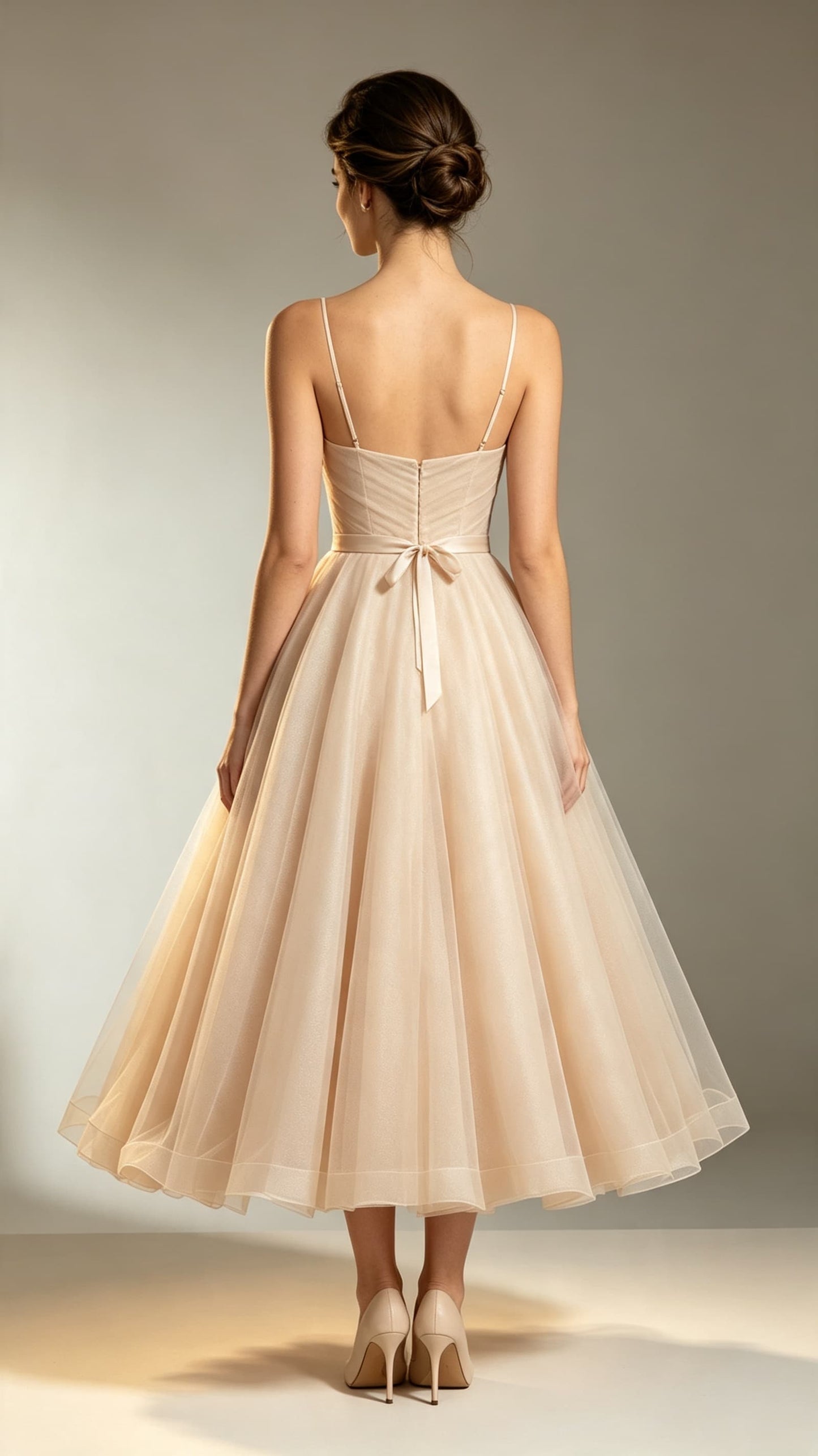 Beautiful tailored A-line Champagne Evening Gowns Straps Tulle Tea Length Formal Dress LFNL0716