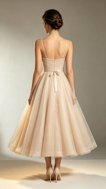 Beautiful tailored A-line Champagne Evening Gowns Straps Tulle Tea Length Formal Dress LFNL0716