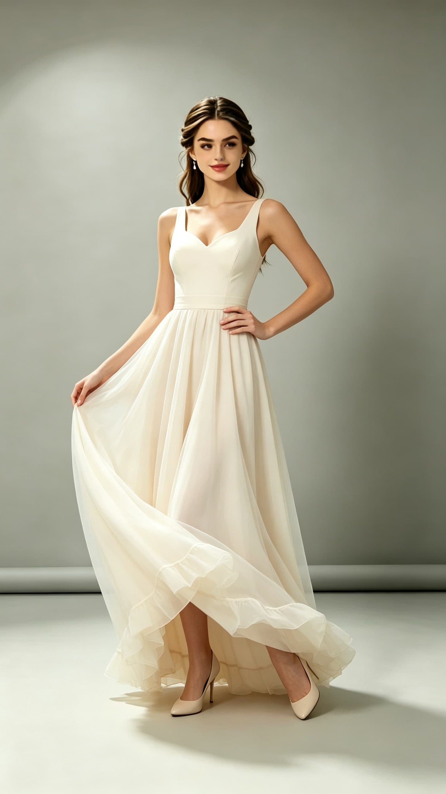 Gorgeous A-line Ivory Evening Gowns V Neck Satin Tulle Maxi Dress LFNL0756