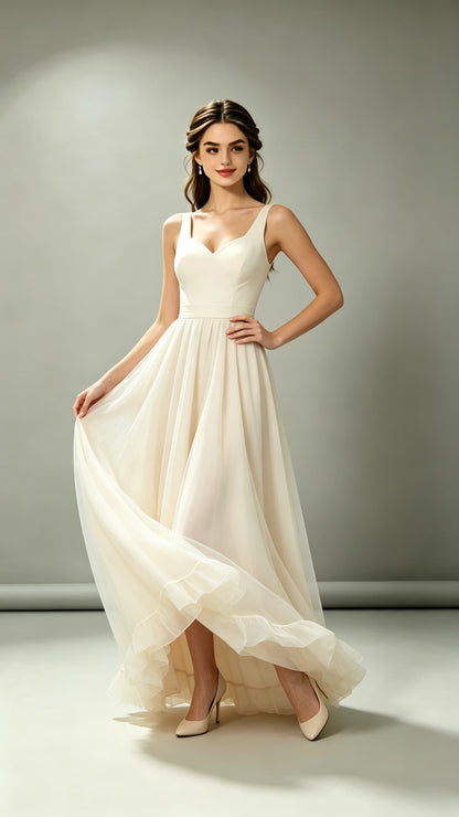 Gorgeous A-line Ivory Evening Gowns V Neck Satin Tulle Maxi Dress LFNL0756