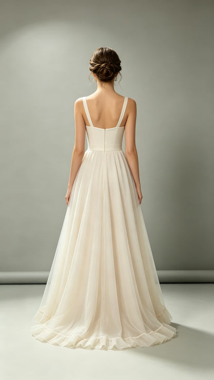 Gorgeous A-line Ivory Evening Gowns V Neck Satin Tulle Maxi Dress LFNL0756