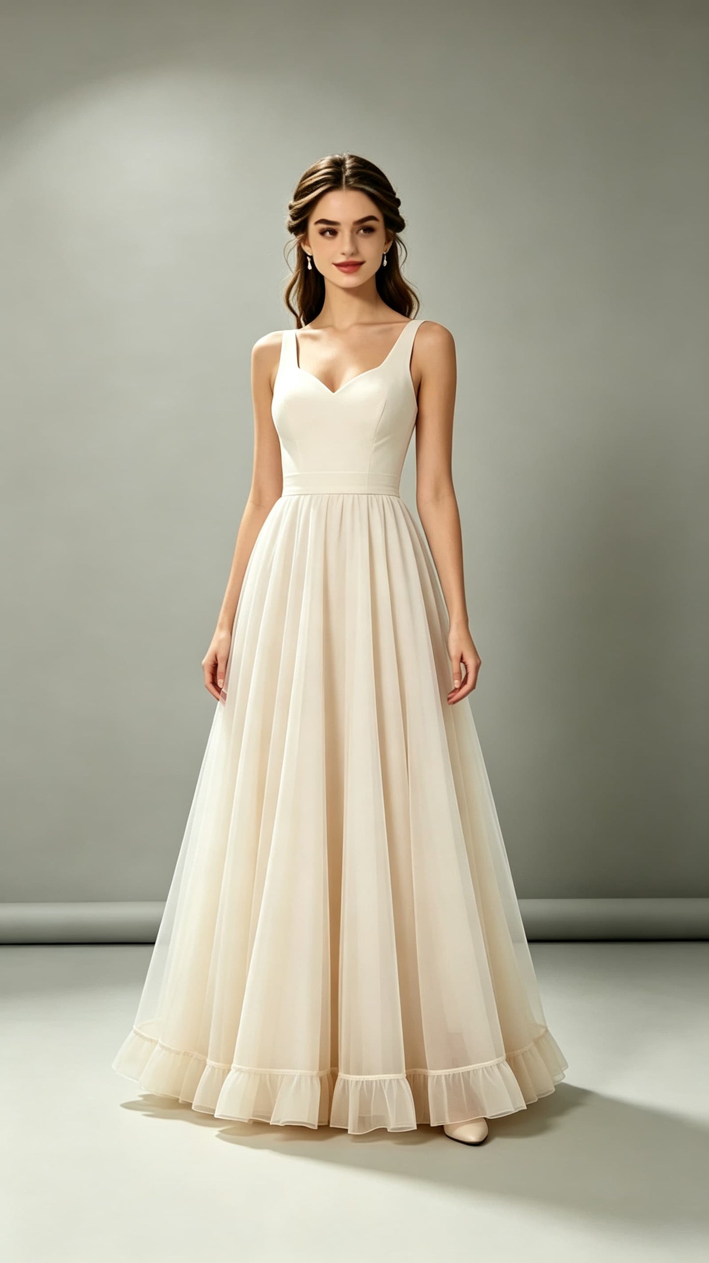 Gorgeous A-line Ivory Evening Gowns V Neck Satin Tulle Maxi Dress LFNL0756