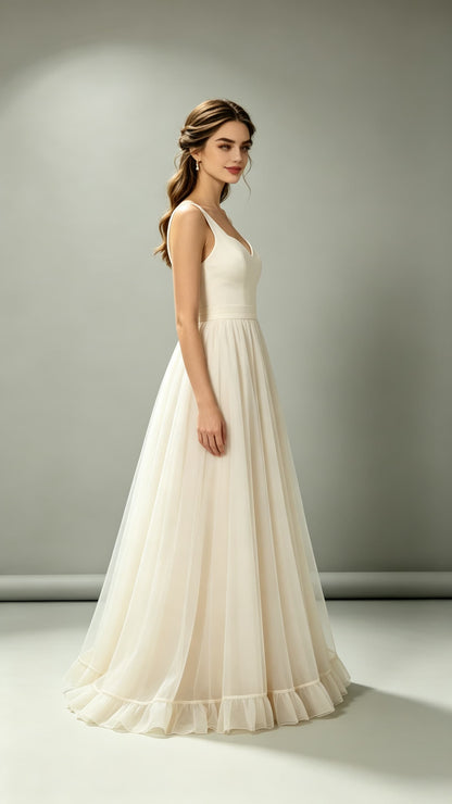 Gorgeous A-line Ivory Evening Gowns V Neck Satin Tulle Maxi Dress LFNL0756