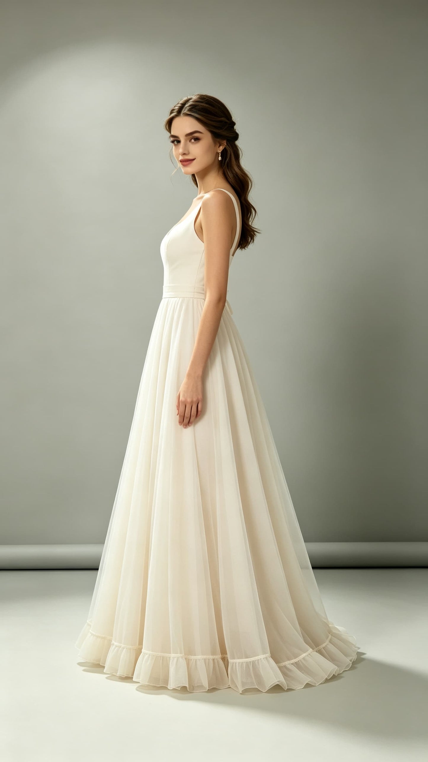 Gorgeous A-line Ivory Evening Gowns V Neck Satin Tulle Maxi Dress LFNL0756