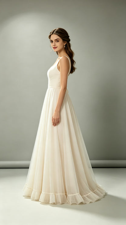 Gorgeous A-line Ivory Evening Gowns V Neck Satin Tulle Maxi Dress LFNL0756