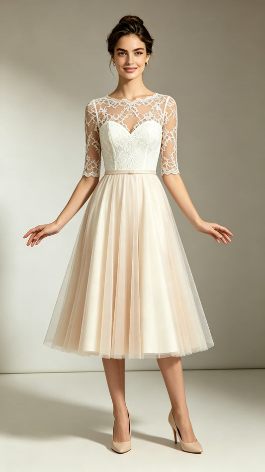 Romantic champagne A‑line midi formal dress, illusion round neck, scalloped lace three quarter sleeves, layered soft tulle skirt for wedding guest