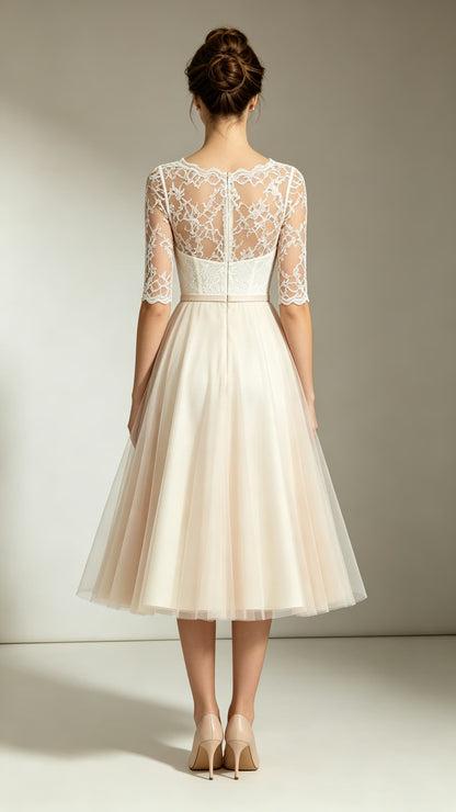 Romantic A-line Champagne Evening Gowns Round neck Lace Tulle Midi Length Formal Dress LFNL0786
