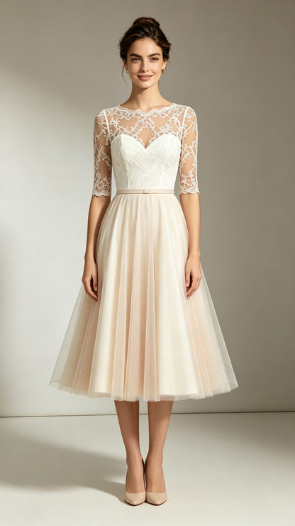 Romantic A-line Champagne Evening Gowns Round neck Lace Tulle Midi Length Formal Dress LFNL0786