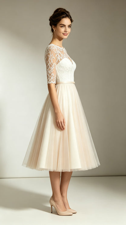 Romantic A-line Champagne Evening Gowns Round neck Lace Tulle Midi Length Formal Dress LFNL0786