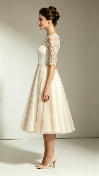 Romantic A-line Champagne Evening Gowns Round neck Lace Tulle Midi Length Formal Dress LFNL0786