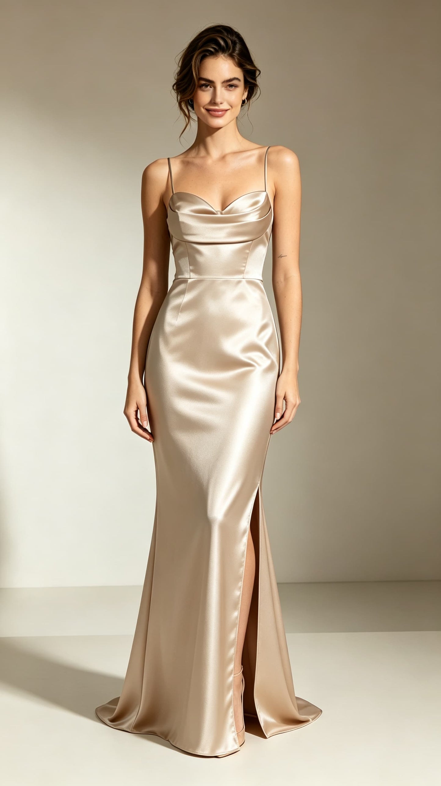 Elegant Mermaid Champagne Evening Gowns Straps Satin Maxi Dress LFNL0753