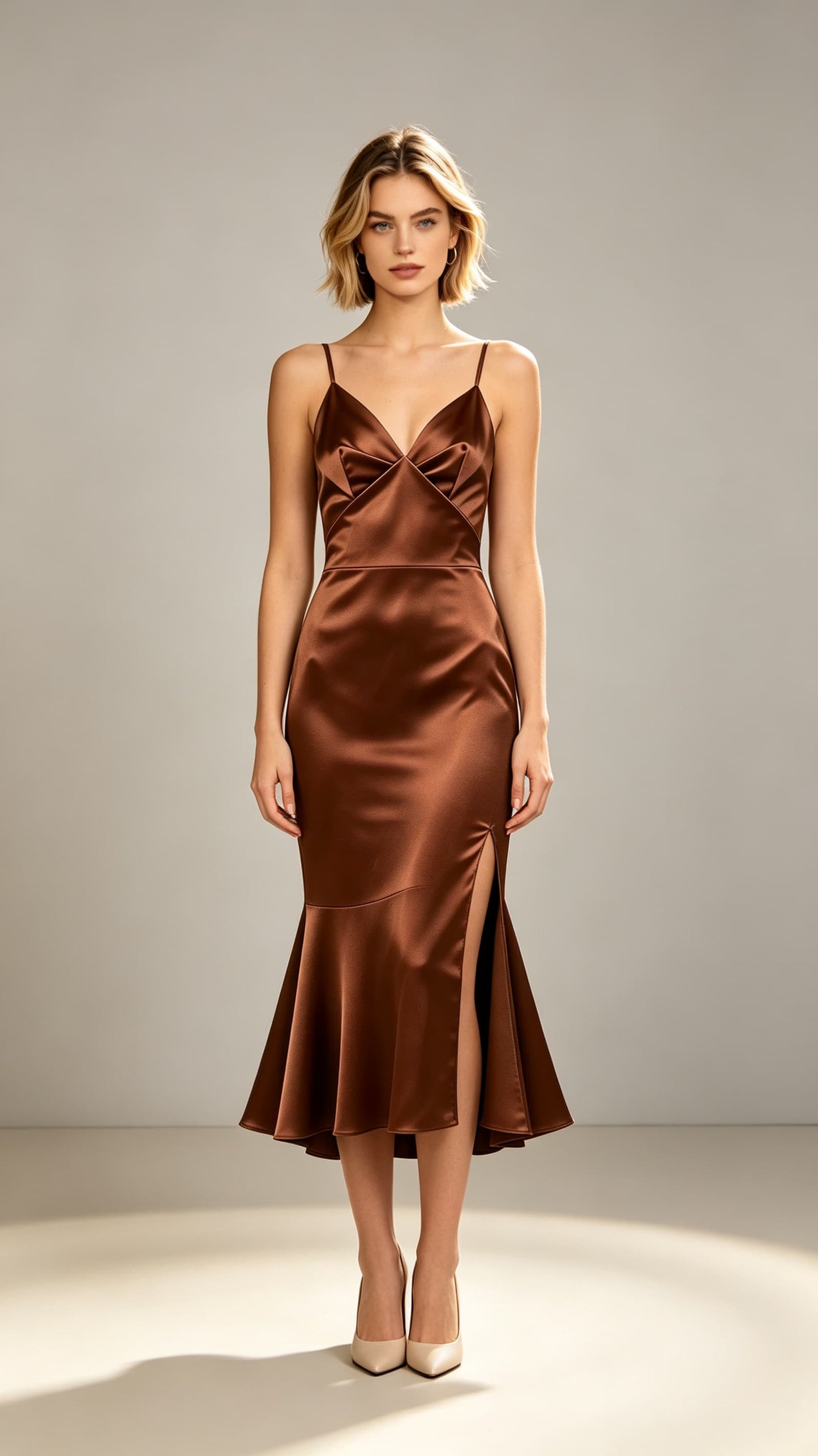 Brown satin mermaid midi cocktail dress UK, thin spaghetti straps, folded v-neck, tailored seaming, side slit, flared mermaid hem