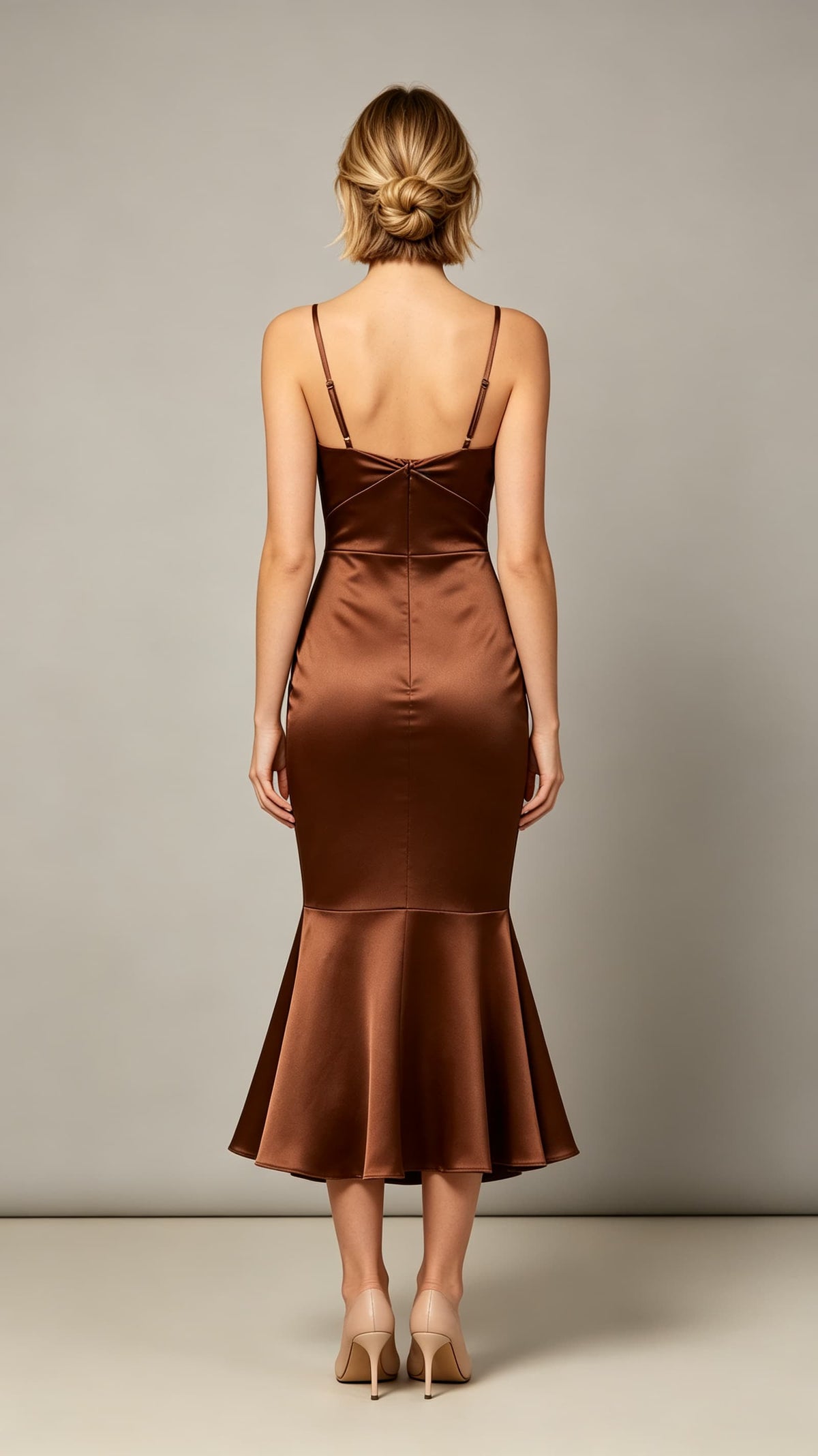 Polished Mermaid Brown Cocktail Dress V Neck Satin Prom Gowns LFNL0795