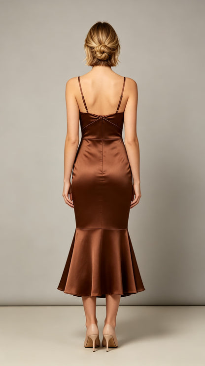 Polished Mermaid Brown Cocktail Dress V Neck Satin Prom Gowns LFNL0795