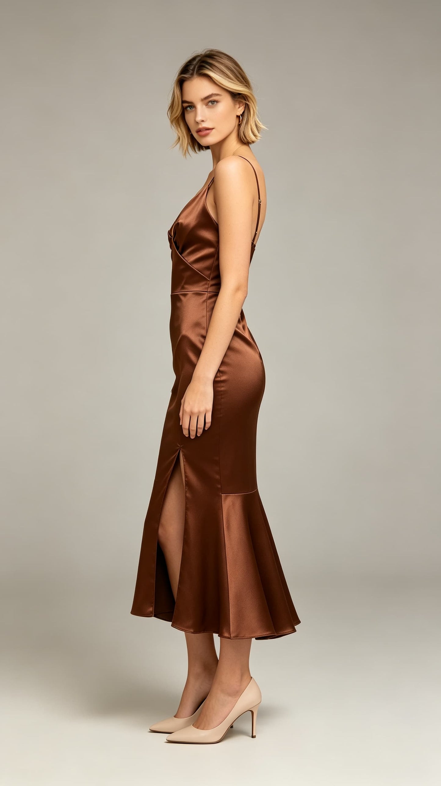 Polished Mermaid Brown Cocktail Dress V Neck Satin Prom Gowns LFNL0795