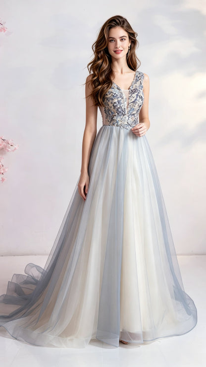 Elegant A-line Light Blue Evening Dress V Neck Organza Long Formal Dress LFNC0157