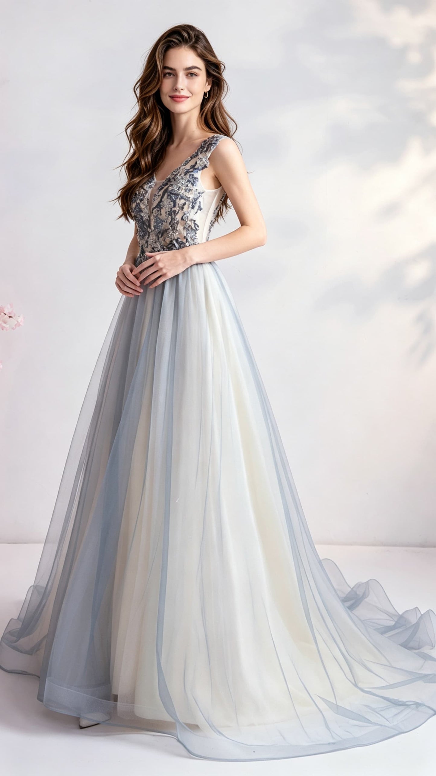 Elegant A-line Light Blue Evening Dress V Neck Organza Long Formal Dress LFNC0157
