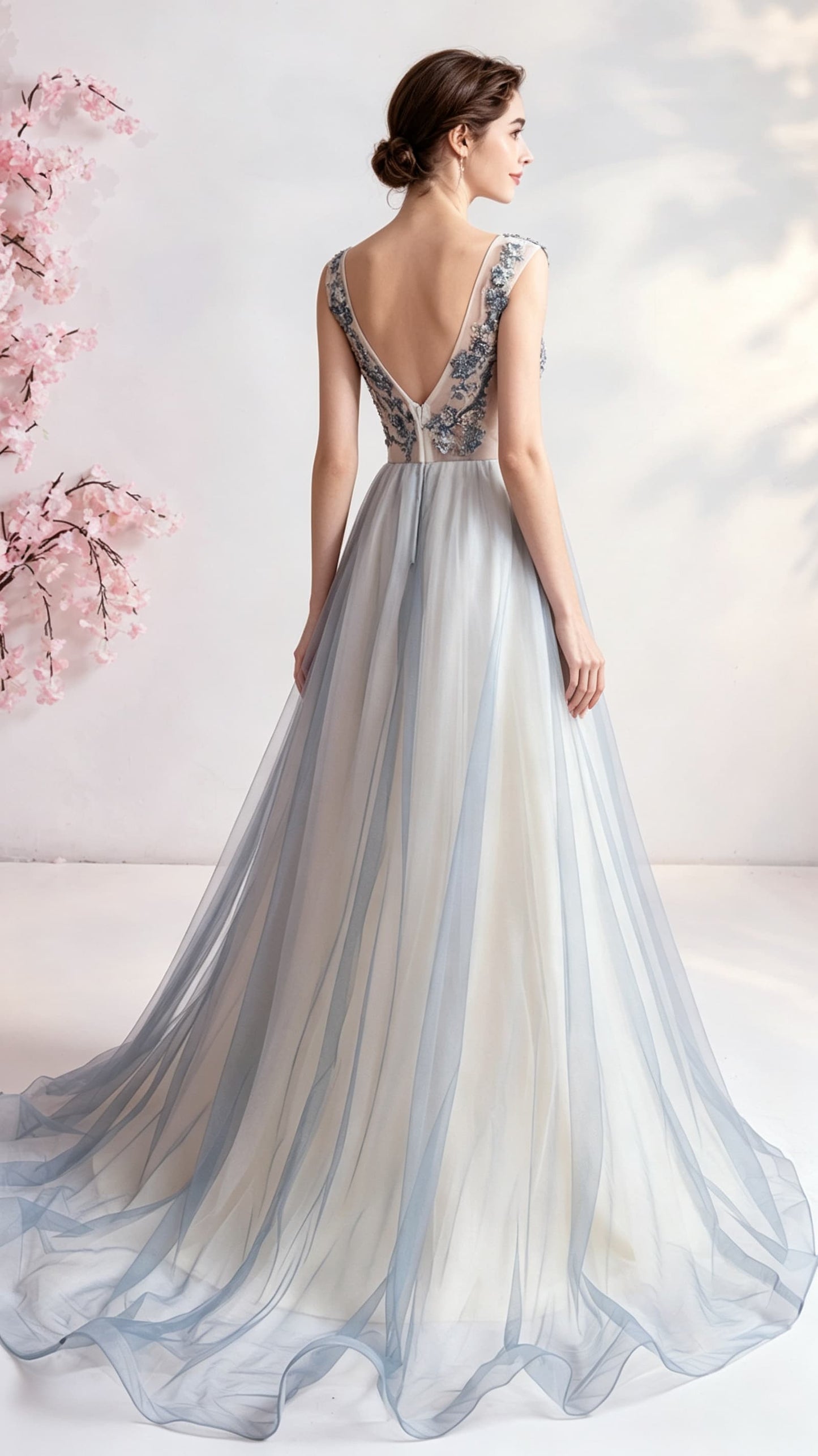 Elegant A-line Light Blue Evening Dress V Neck Organza Long Formal Dress LFNC0157