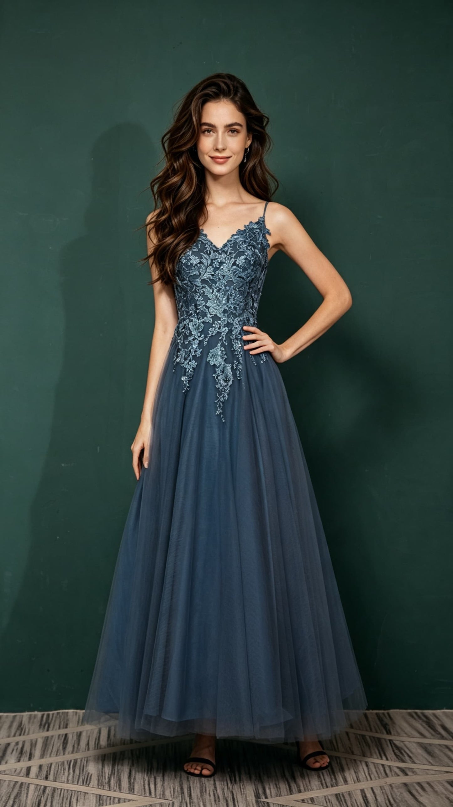 Stunning A-line Blue Evening Gowns Tulle Maxi Dress LFNL0665