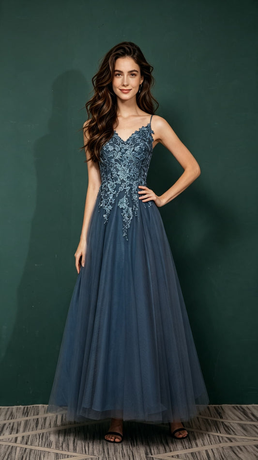 Stunning A-line Blue Evening Gowns Tulle Maxi Dress LFNL0665