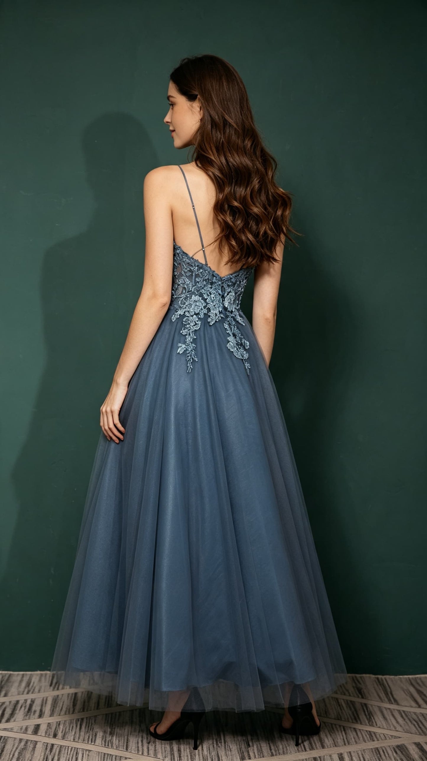 Stunning A-line Blue Evening Gowns Tulle Maxi Dress LFNL0665