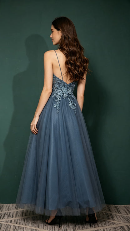 Stunning A-line Blue Evening Gowns Tulle Maxi Dress LFNL0665