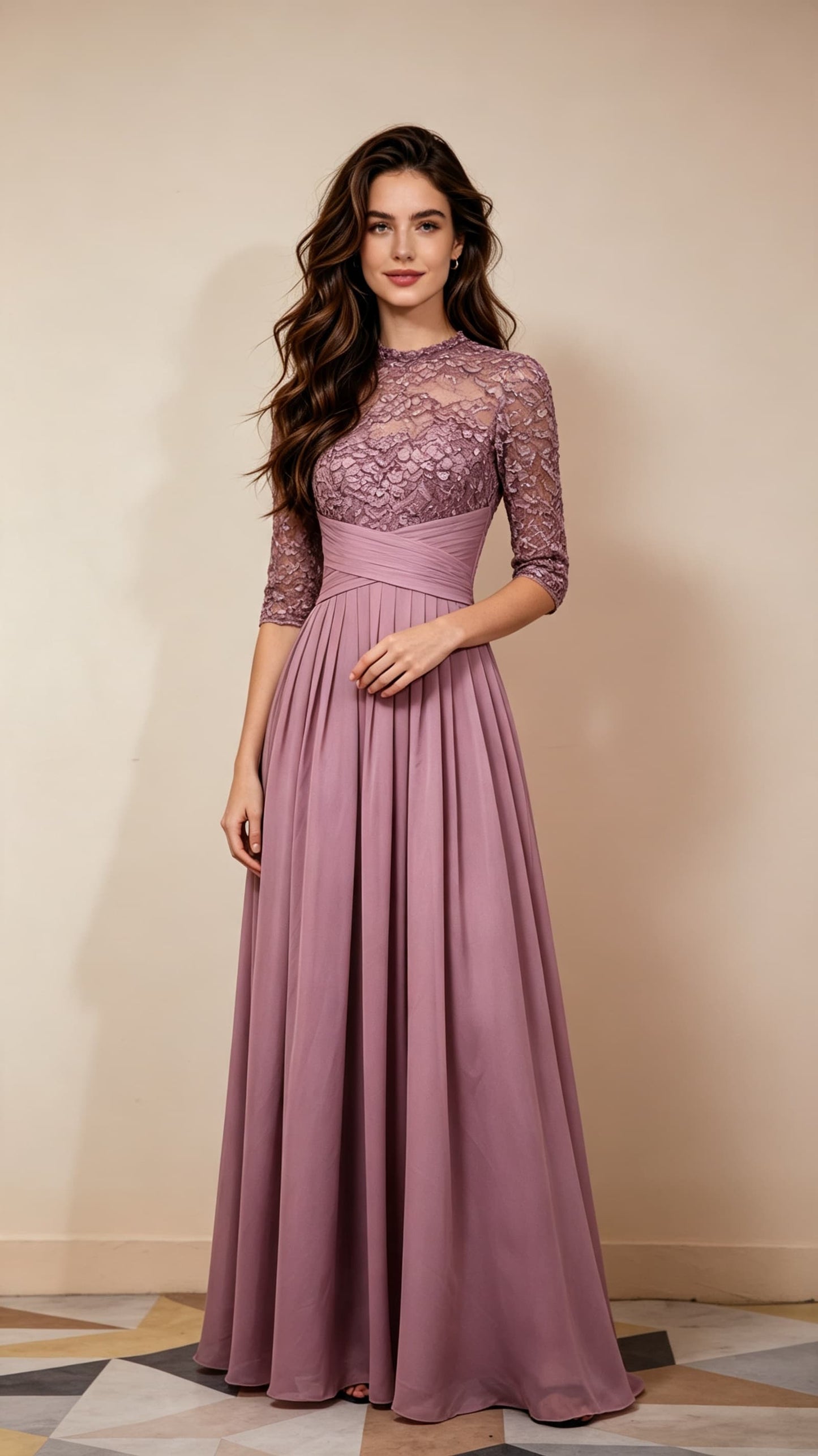 Classy A-line Purple Evening Gowns High Collar Chiffon Lace Long Formal Dress LFNL0668