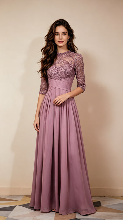 Classy A-line Purple Evening Gowns High Collar Chiffon Lace Long Formal Dress LFNL0668