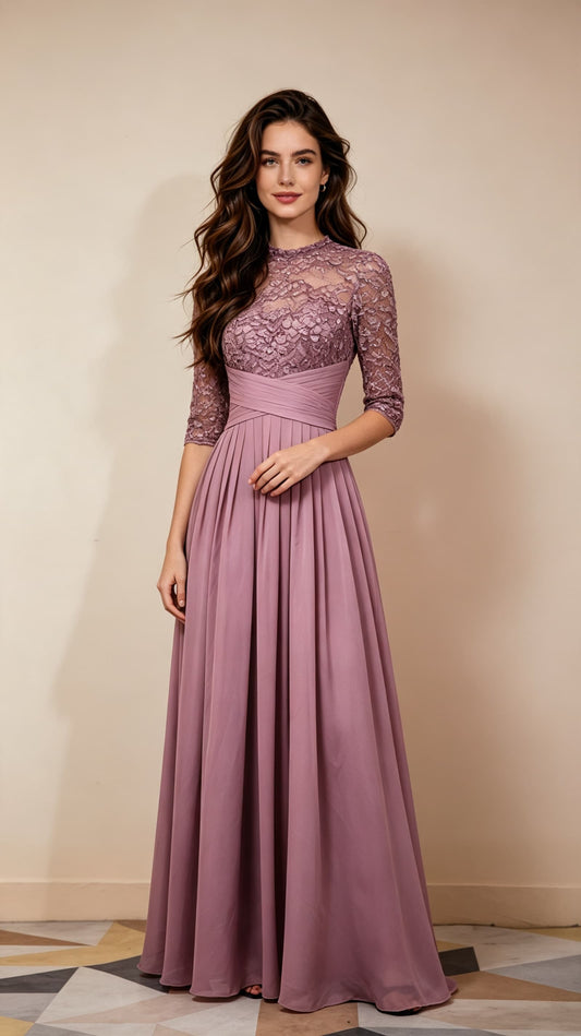 Classy A-line Purple Evening Gowns High Collar Chiffon Lace Long Formal Dress LFNL0668