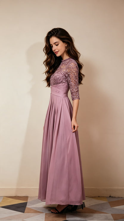 Classy A-line Purple Evening Gowns High Collar Chiffon Lace Long Formal Dress LFNL0668